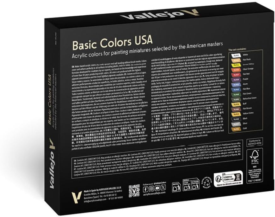 Vallejo Basic USA Colors Paint Set, Basic Colors, 16 Paints